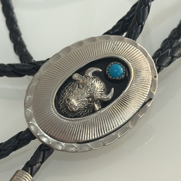 Black and Silver Bolo Tie with Turquoise Accent - Picture 3 of 7